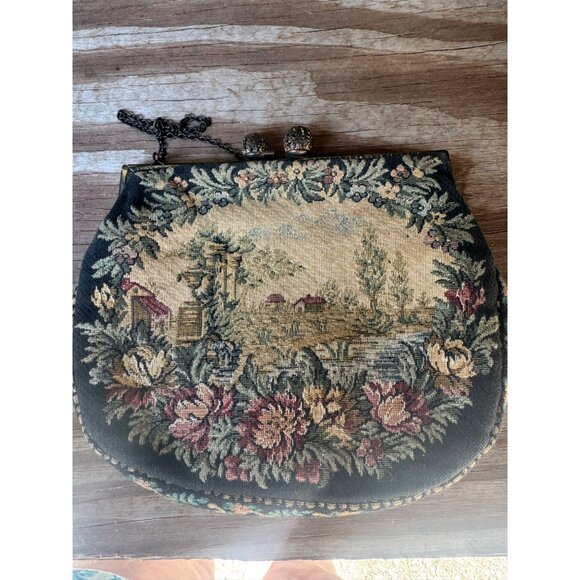 Vintage Floral Tapestry Purse With Clasp Closure & Chain Handle - Picture 3 of 5